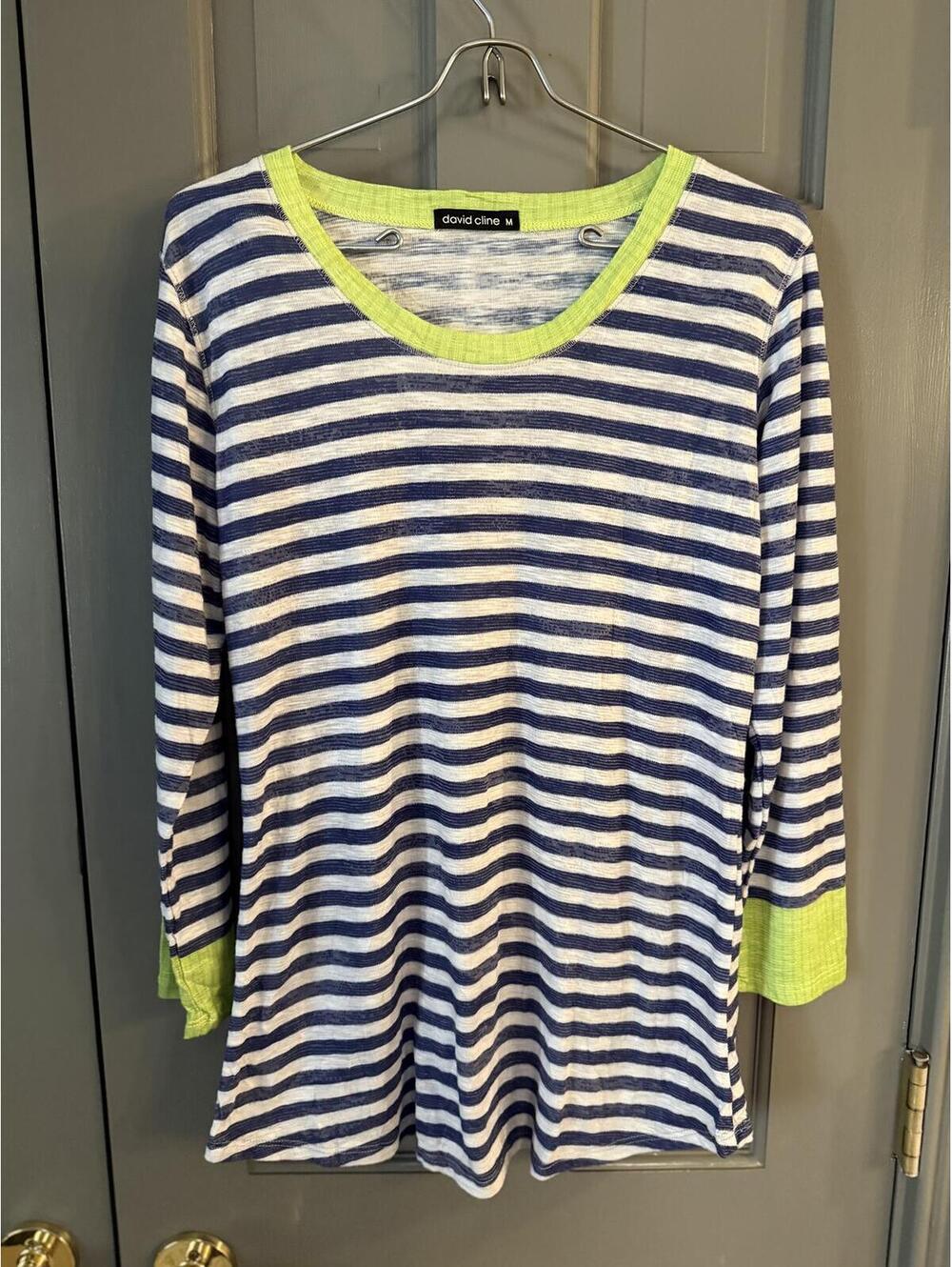David Cline Blue and White Striped Long Sleeve Shirt with Lime Green Trim Size M